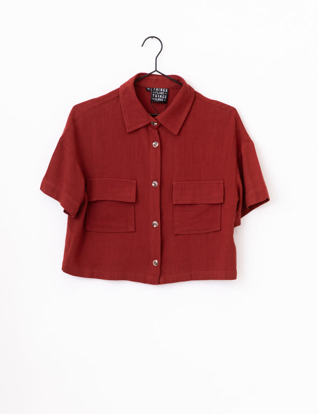 TILTIL Elli Linen Cropped Blouse Melange Cherry Red - Things I Like Things I Love