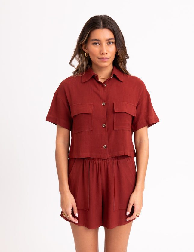 TILTIL Elli Linen Cropped Blouse Melange Cherry Red - Things I Like Things I Love